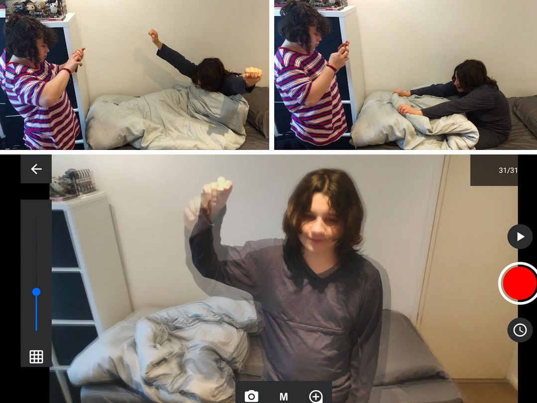 Montage of images showing girl waking up from sleep for pixelation sequence