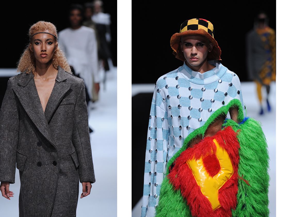 4 images of male and female catwalk models dressed in colourful and unique clothing