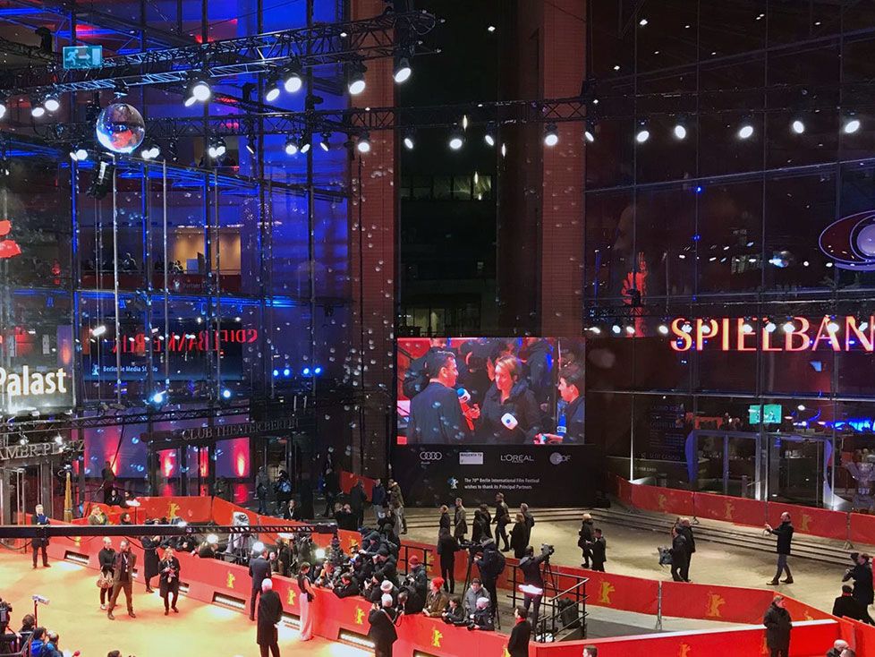 The glittering entrance hall of a red carpet event at the Berlin Film Festival.