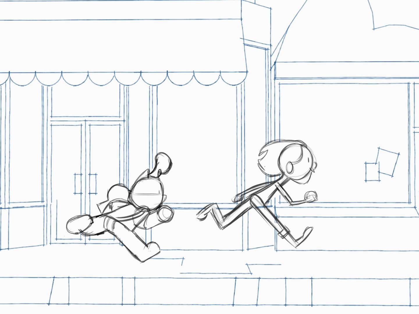 Screenshot from test animation of stick men running on a street