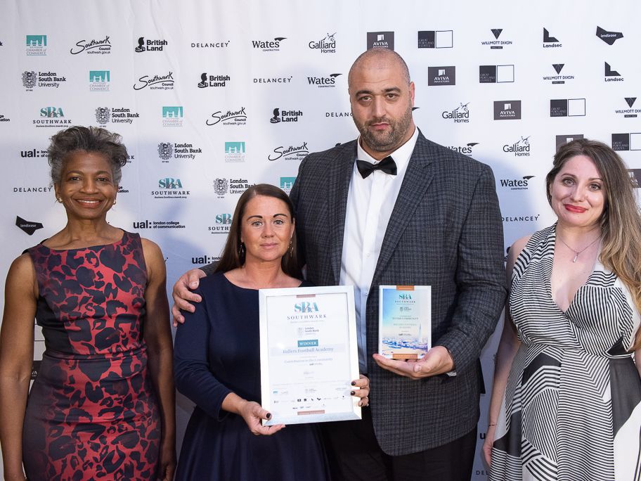 Ballers Academy manager Jamie accepting an award for Contribution to the Community at Southwark Business Excellence Awards 2019