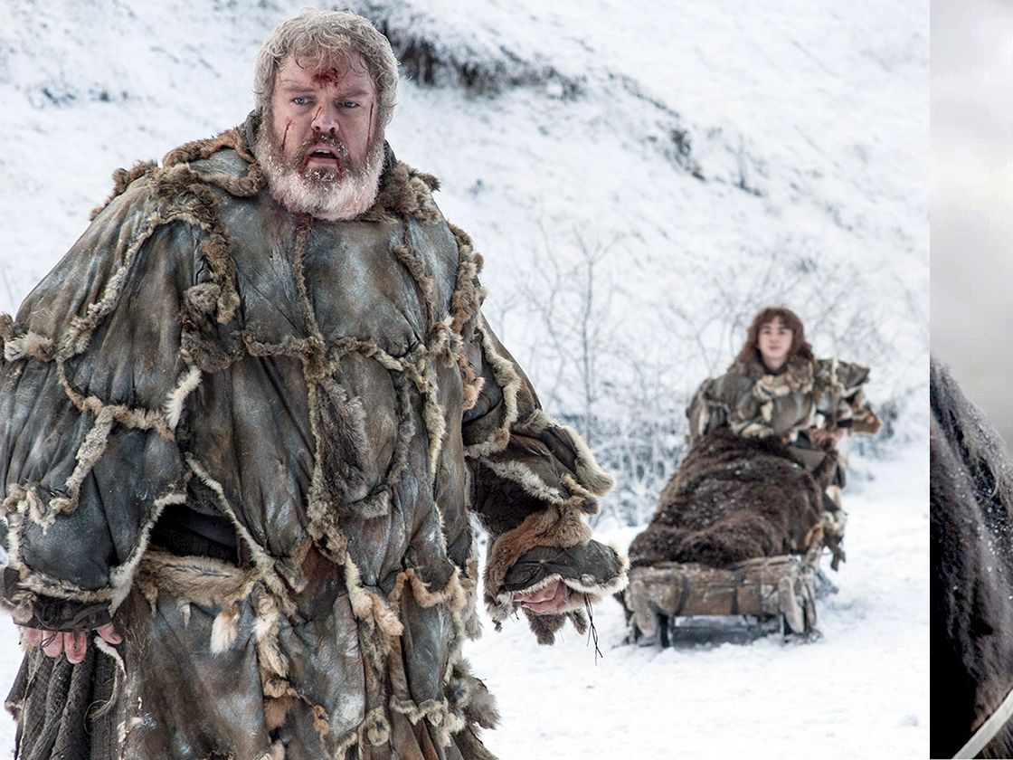 Three different characters from tv series game of thrones wearing different costumes in the snow