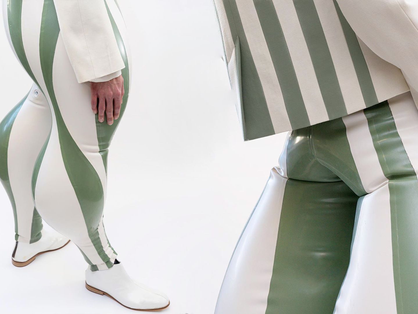 Models wearing striped inflatable latex trousers
