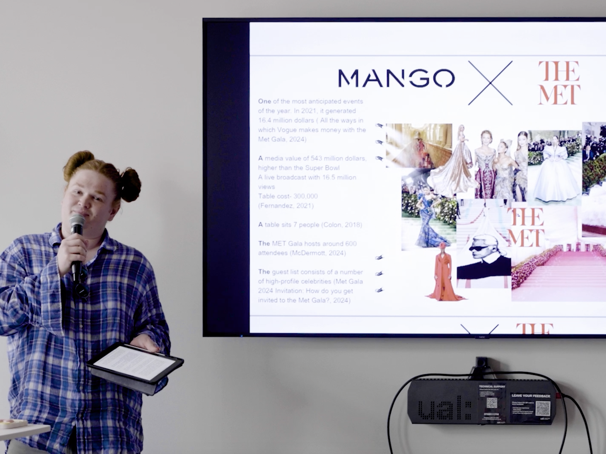 MA Fashion Marketing and Global Cultures student Matej Boch, presents at the Mango pitch. Still taken from a video by Orlando Collegaro. 