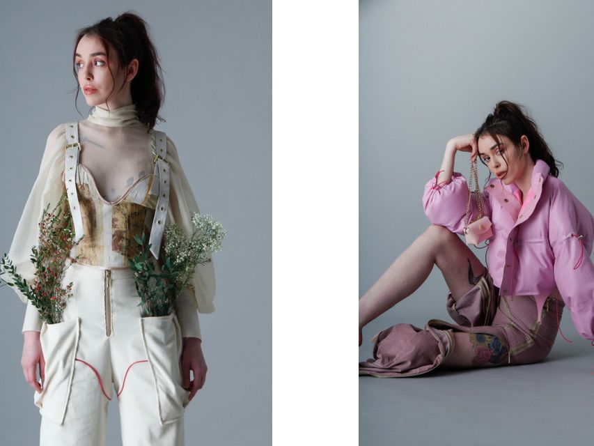Three images combined of a model wearing pink clothing with ivy entwined