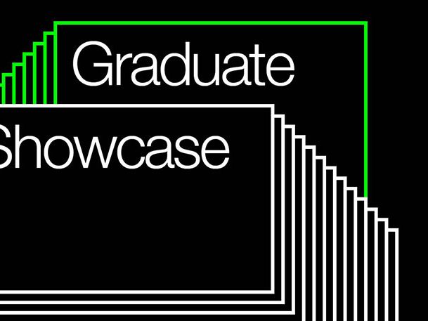 A black, white and lime green banner which reads 'Graduate Showcase' surrounded by geometric lines.