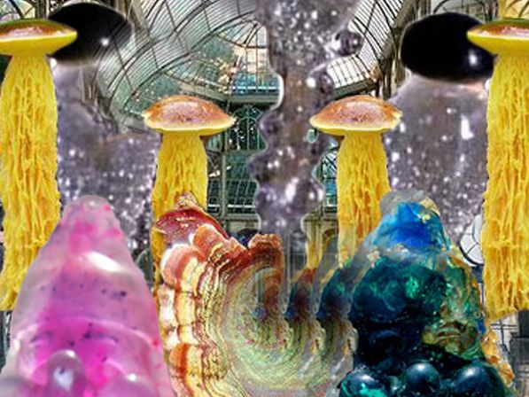 Images of super-sized collages that appear as installations. Bright or metallic in hue.