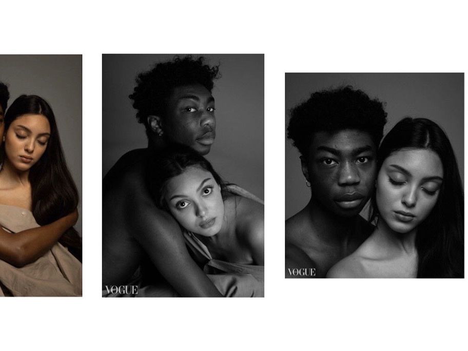 Three photographs of a man and a woman posing in gentle colours, reminiscent of Daphne and Apollo.