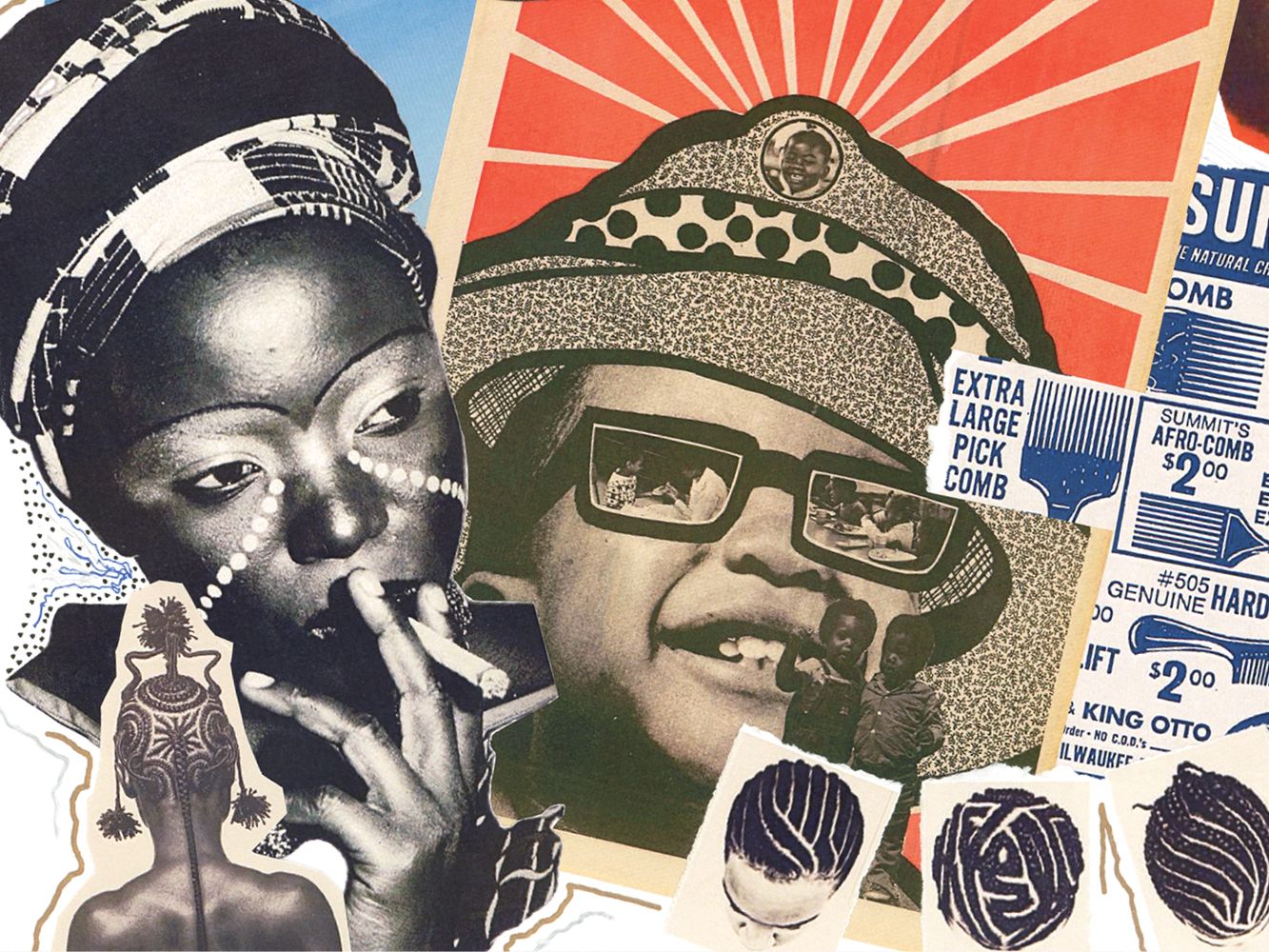 Colourful collage imagery featuring Black hair styles, afro combs and photographs of various people  
