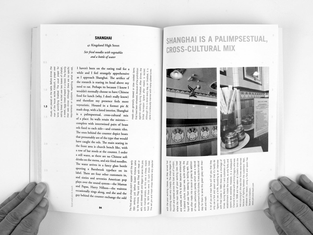 Open spread of Alison Barnes' book, showing a page of Alison's experiences of a restaurant with Chinese food called Shanghai