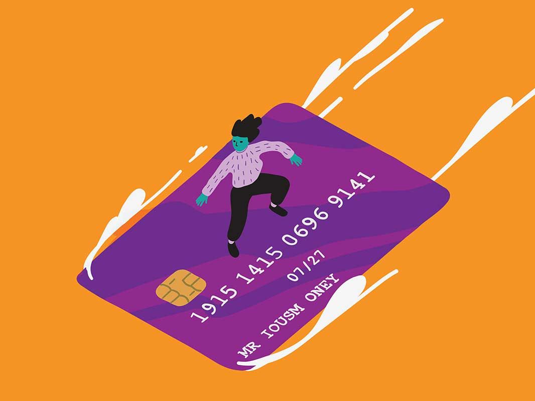 Illustration of a person surfing on a credit card.