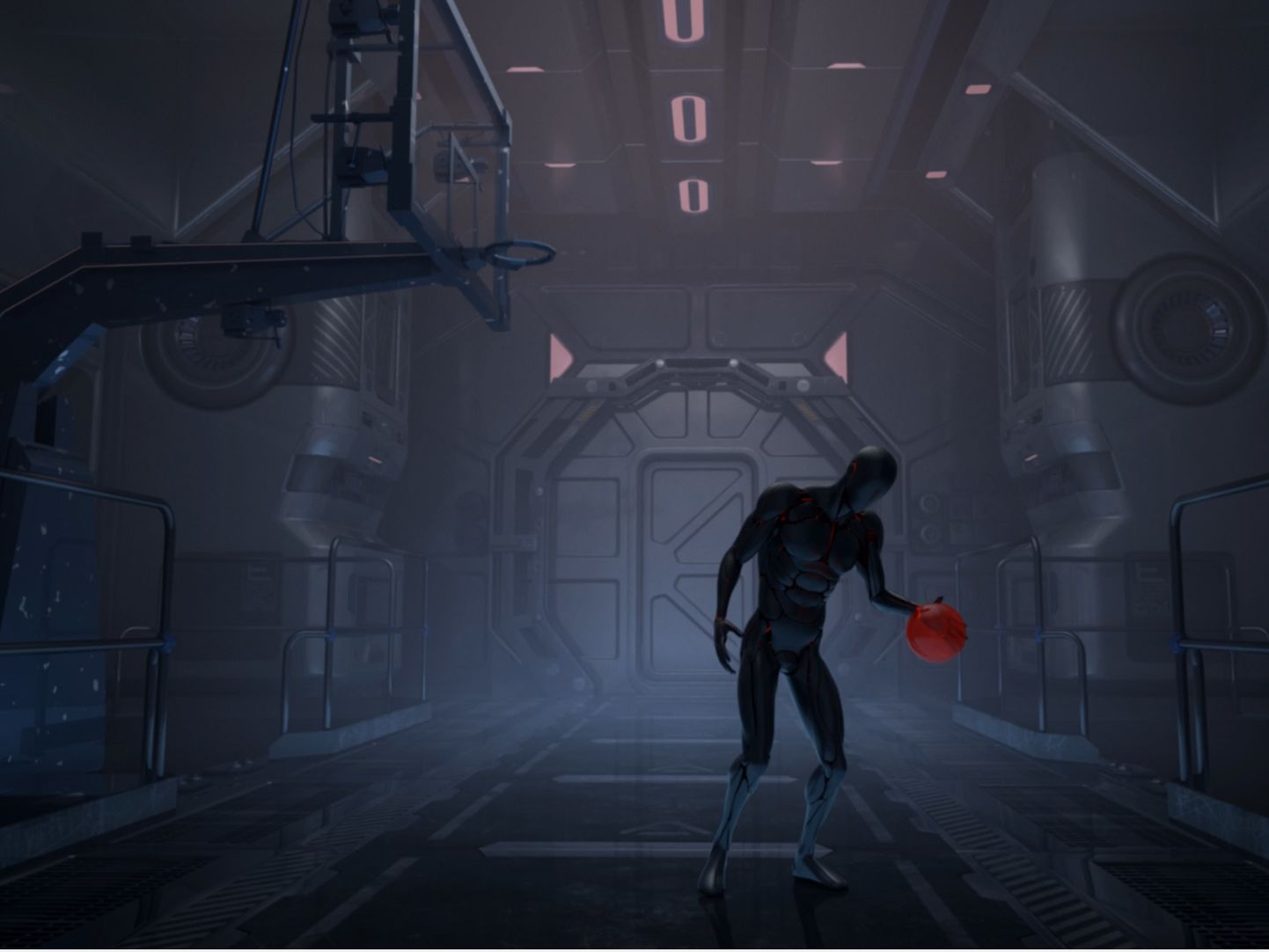 Computer animated cyborg character playing basketball in a futuristic metal room.