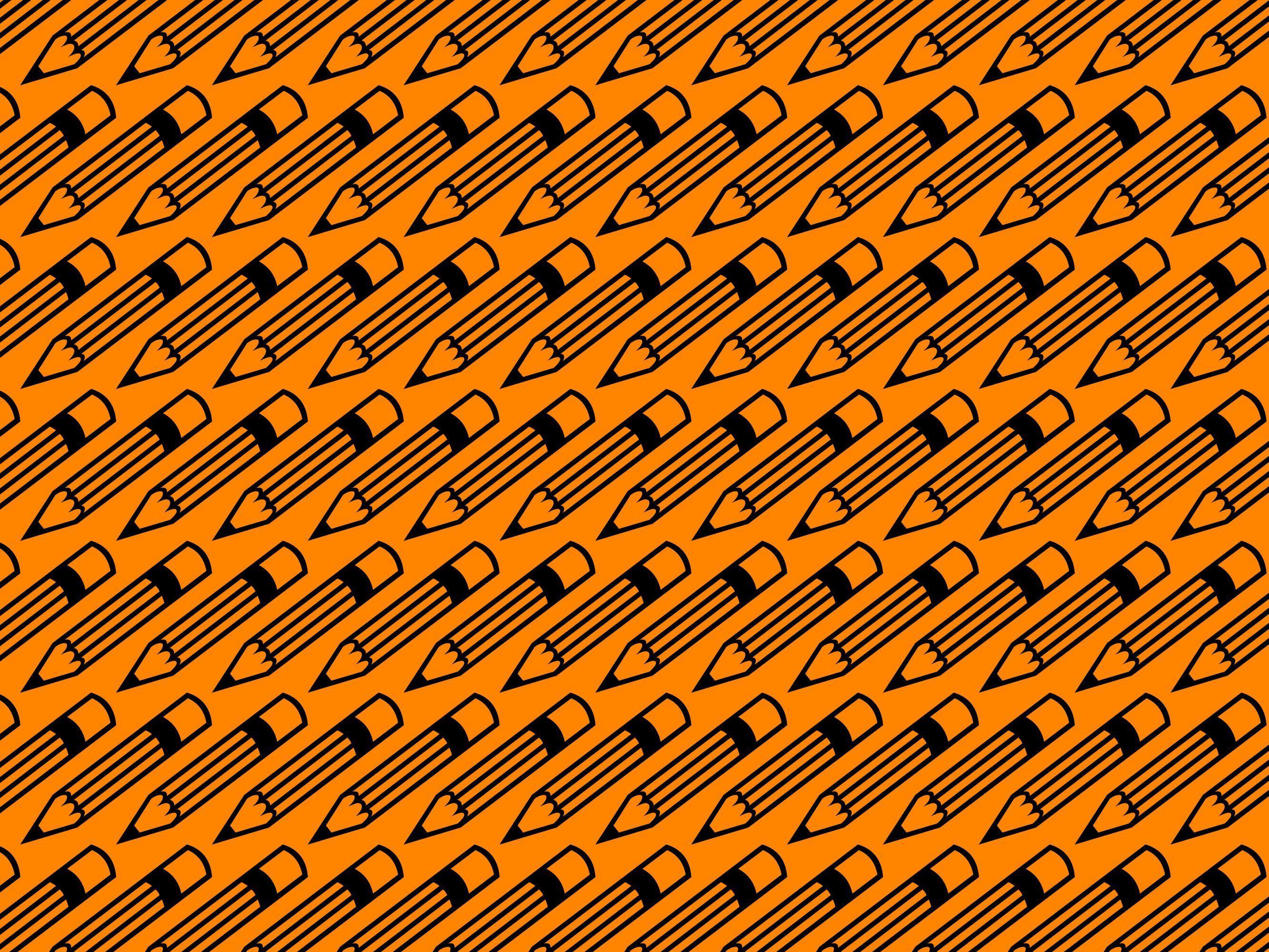 An orange graphic filled with pencil symbols.