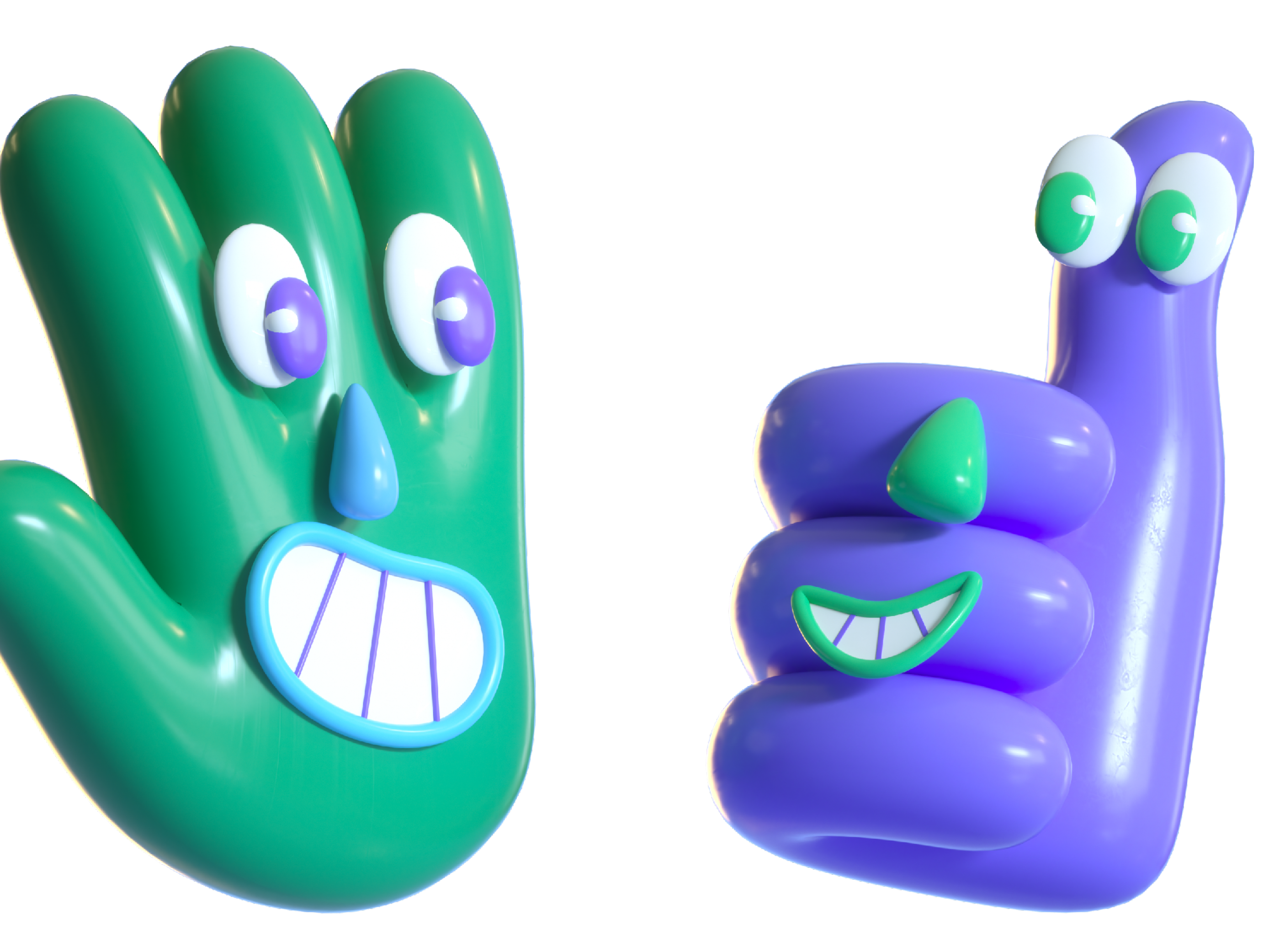 Green smiling hand and purple 'thumbs up'.