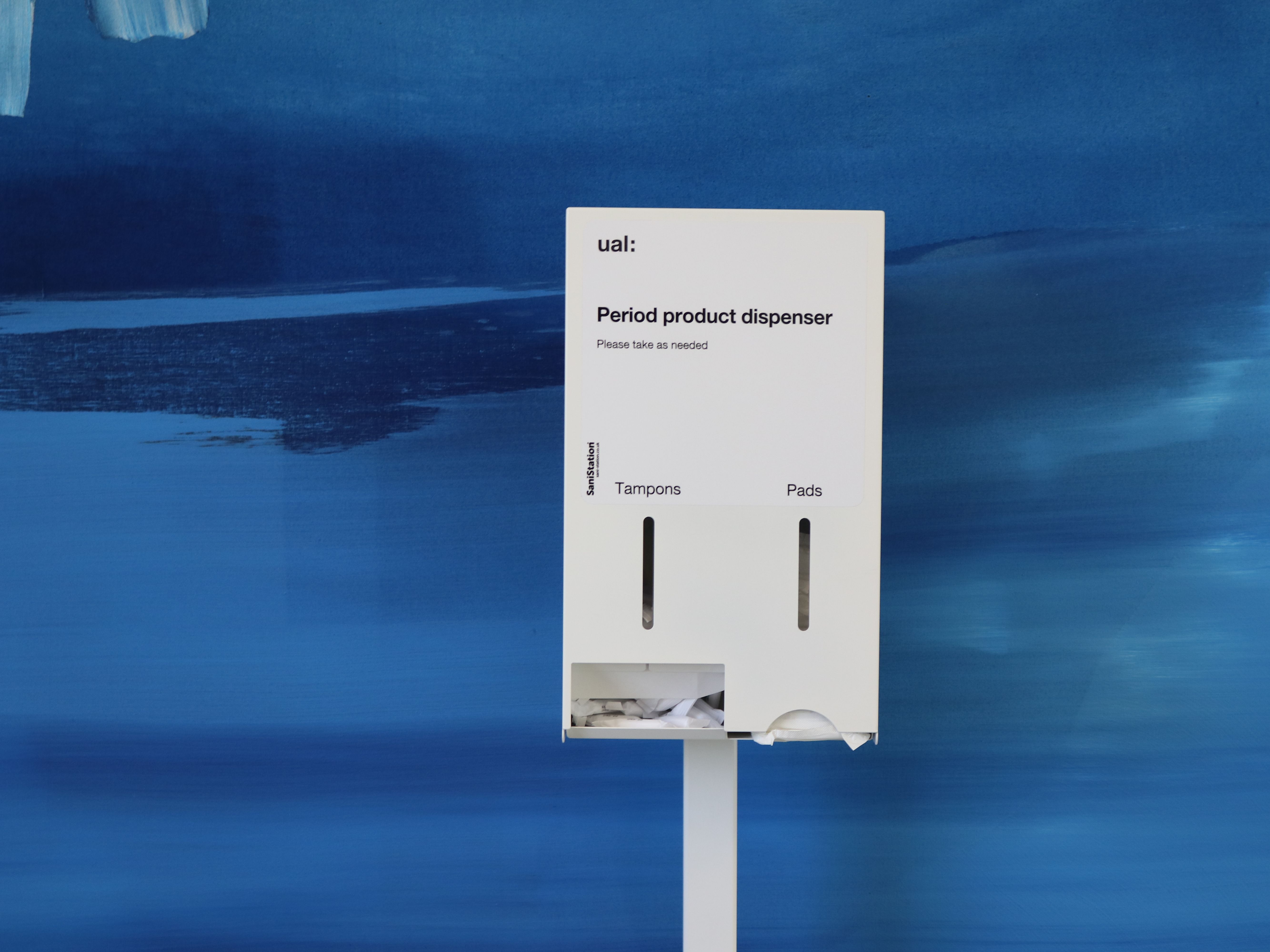 A white dispenser is labelled 'Period product dispenser'. You can see 2 slots, one for tampons and one for sanitary pads.