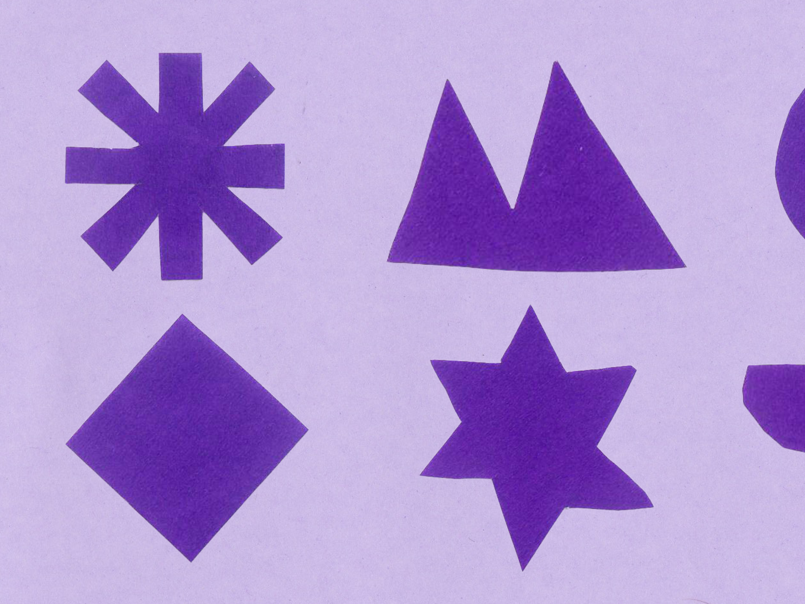 A light purple background, overlayed with dark purple shapes. They have a hand drawn look to them, with slightly irregular sides.