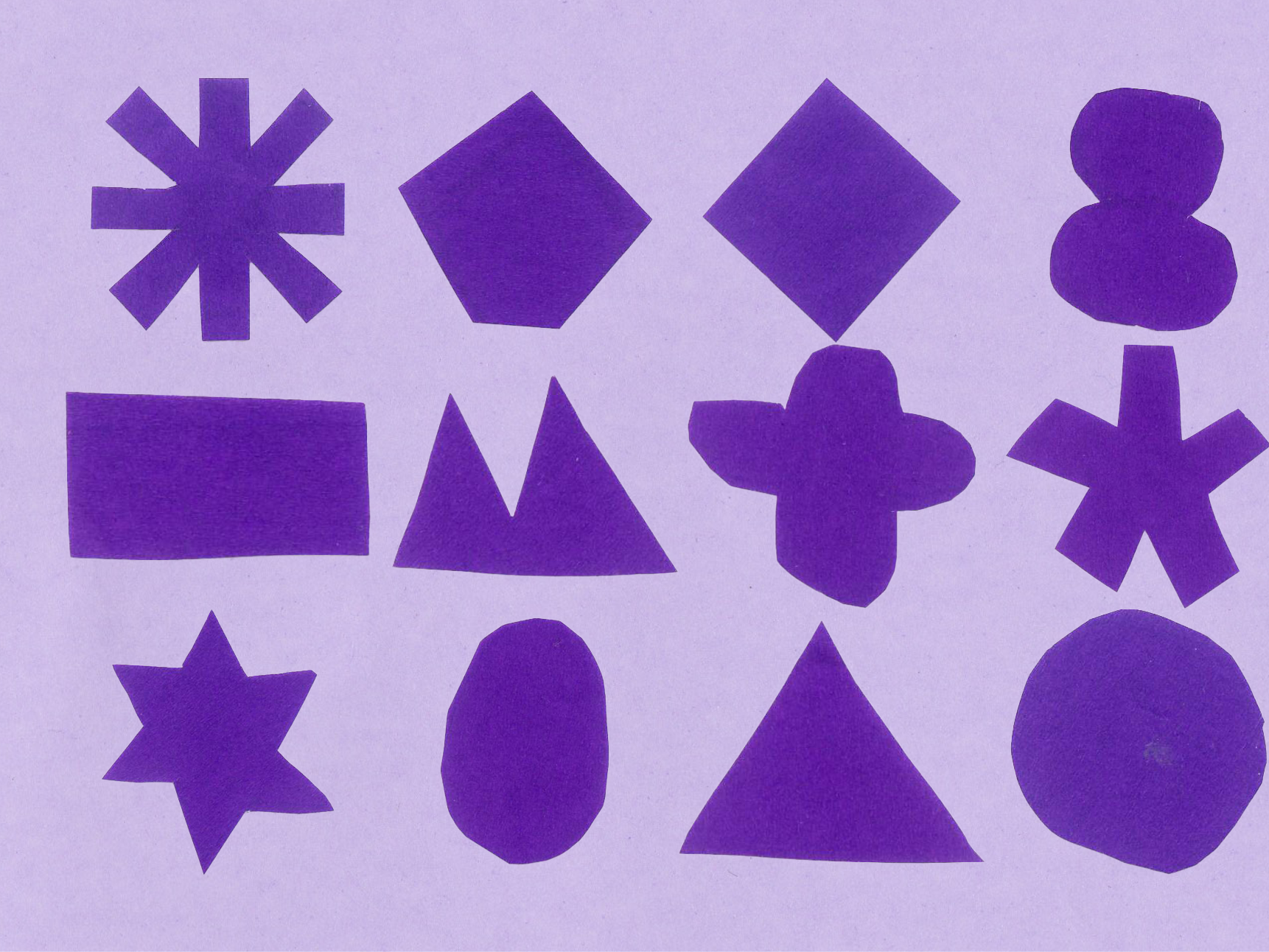 A visual representing UAL Disability history month. Purple shapes including stars, triangles, circles, and rectangles on a light purple background.