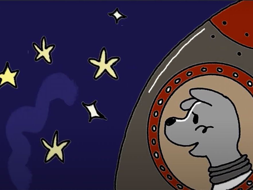 Animation still of a dog watching stars in space.