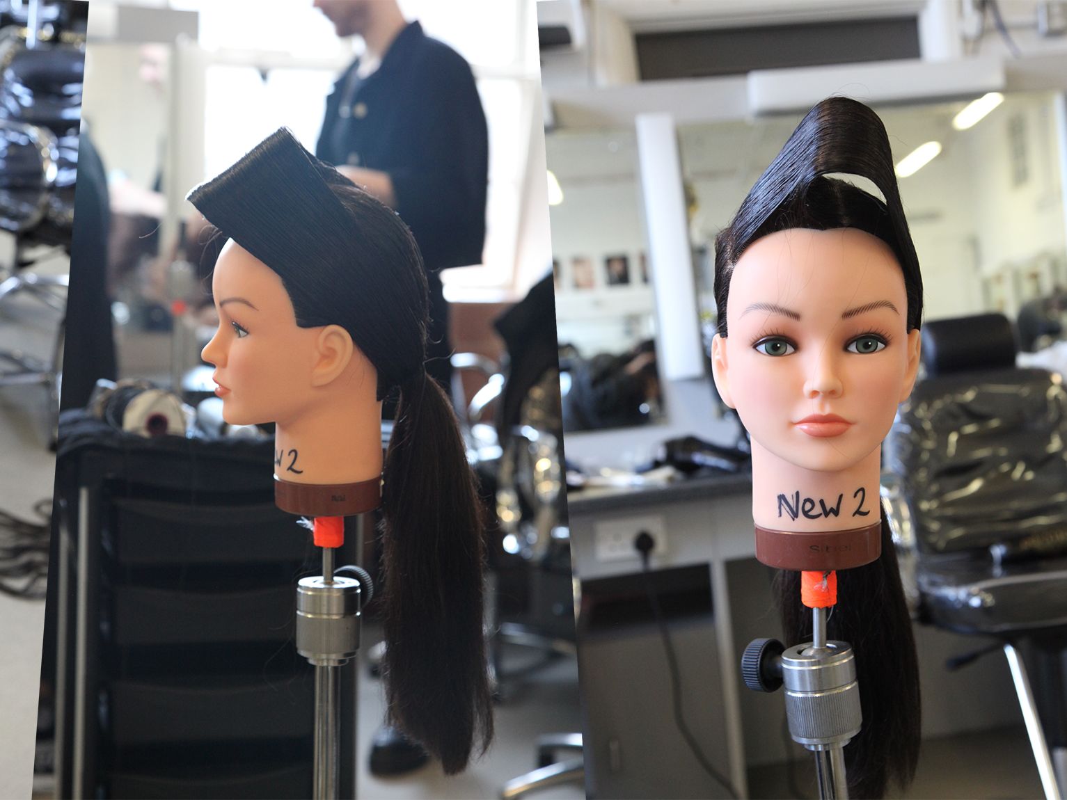 Students recreating hairstyles on model heads