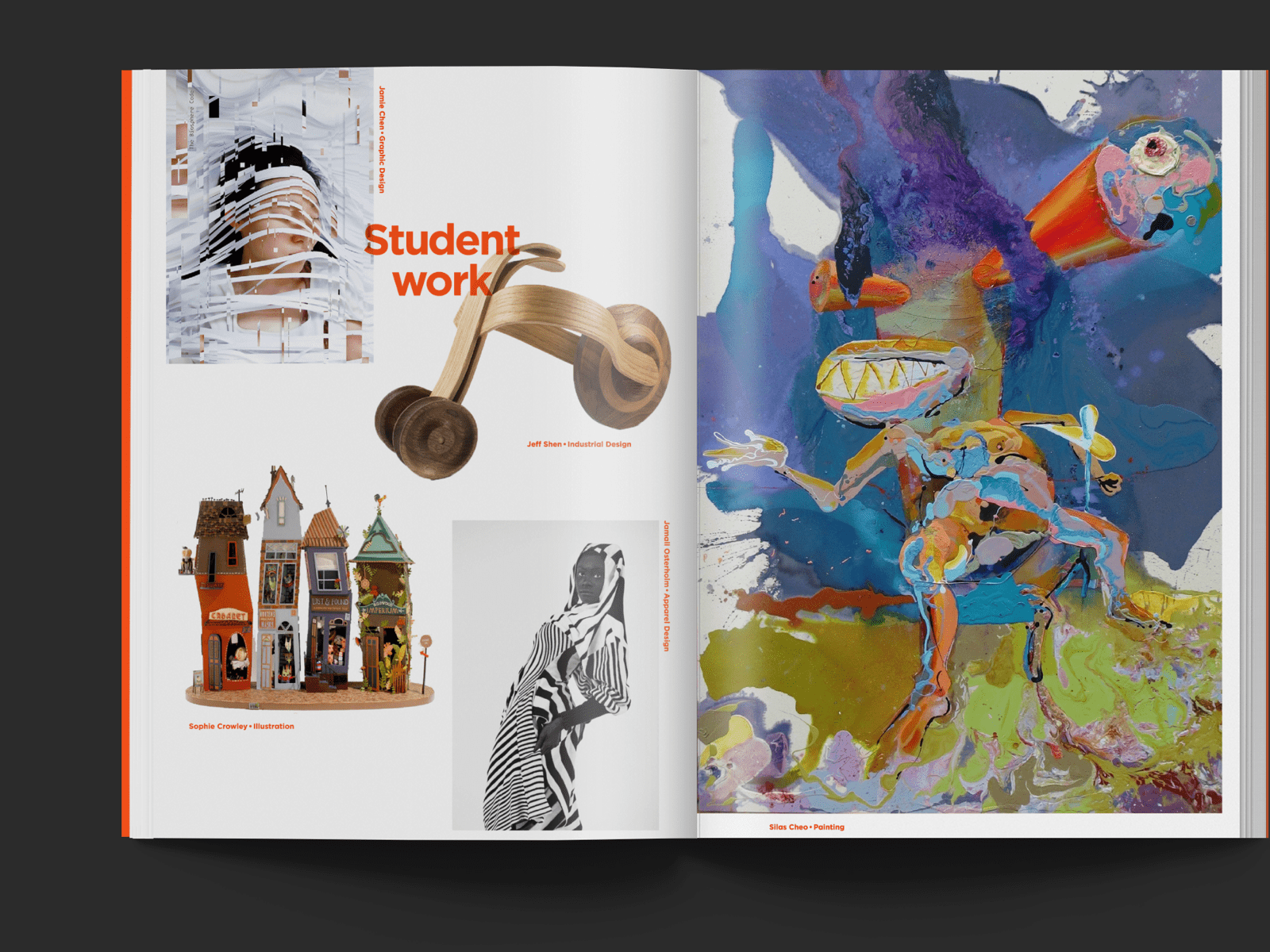 Double page spread with on the left and photograph collage on the right 