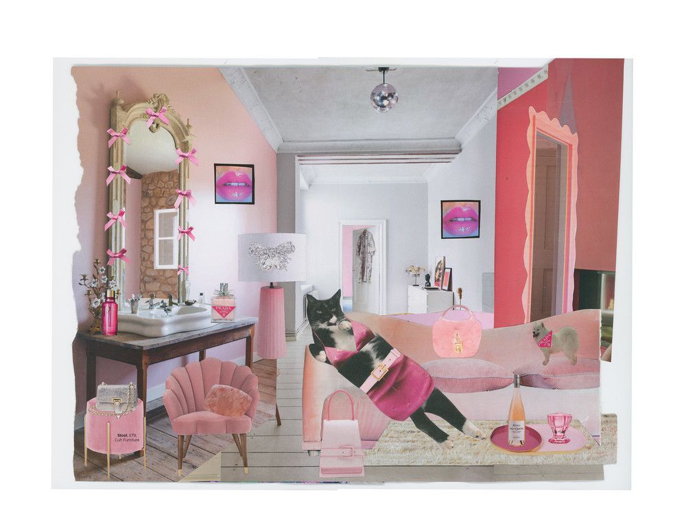 A graphic design image of a reclining cat in a pink and white interior