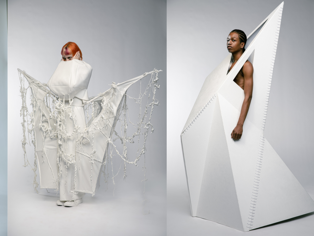 A trio of photos of models posing in all-white garments.