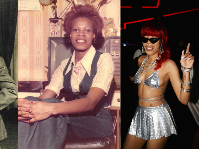 A collage of 3 images. First image of a women in 1956 sitting down in a suit. Second image in 176 a women sitting down in a shirt, jeans waistcoat and pants. Third image in 2023 of a women standing in a party wearing a silver bikini top and marching pleated mini skirt.