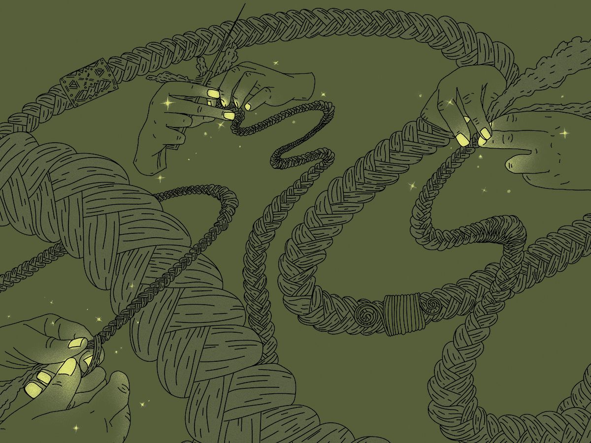 An illustration of hands and braided hair on a green background. 