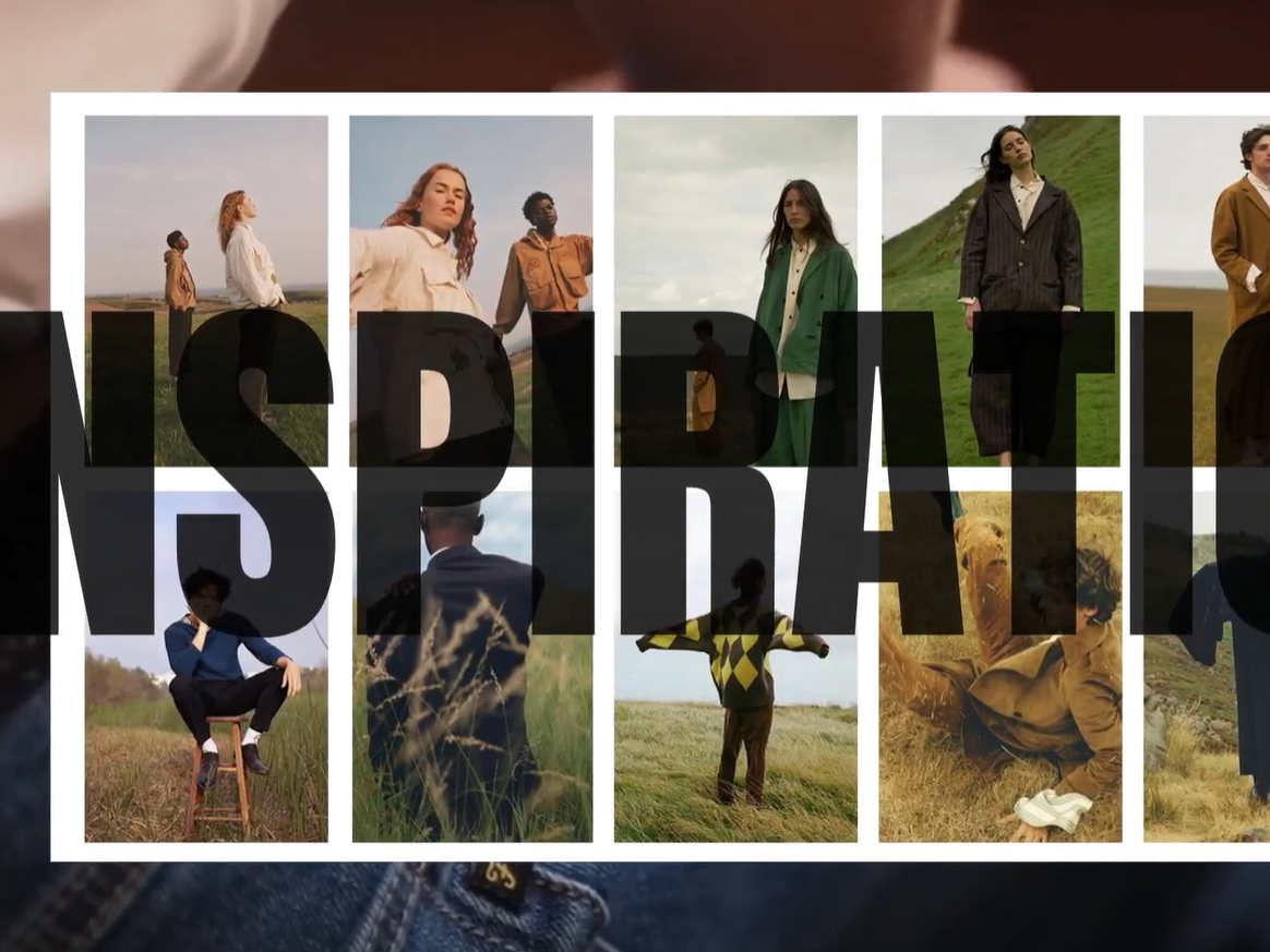 Digital collage of fashion editorial pictures with models posing in a field and the word inspiration written across it.