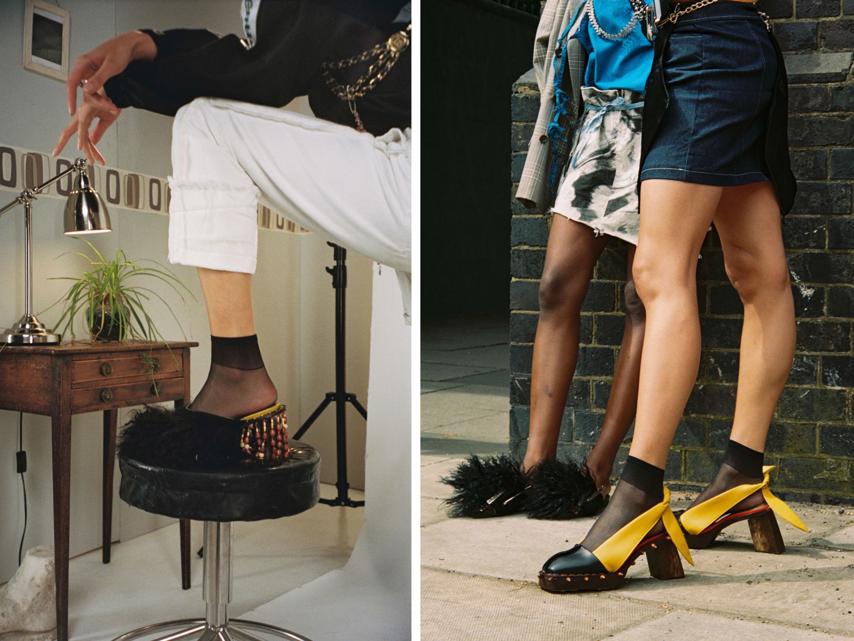 two fashion lookbook images displaying yellow and black shoes