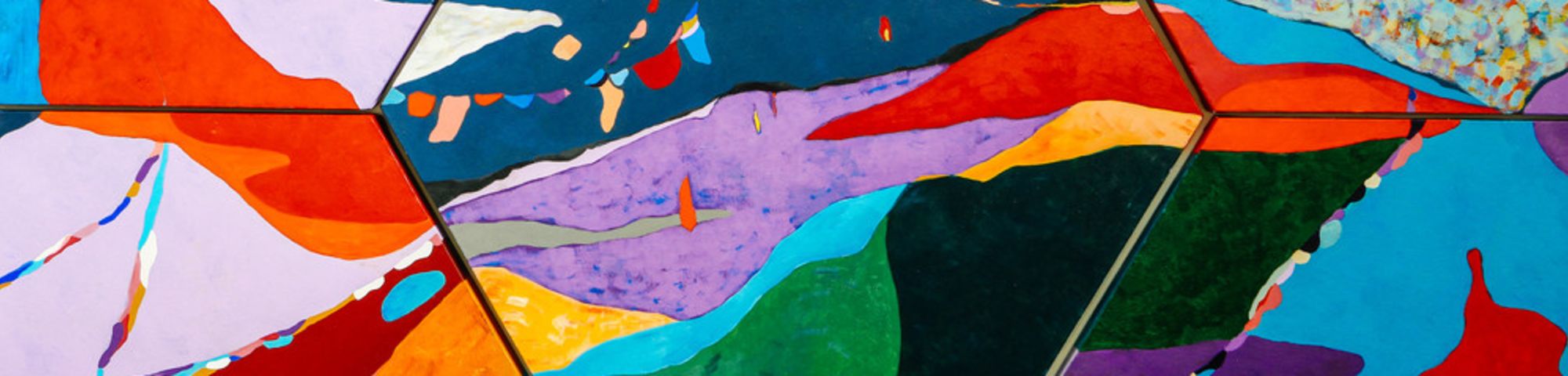 Colourful painting with sections in blue, purple, red and orange