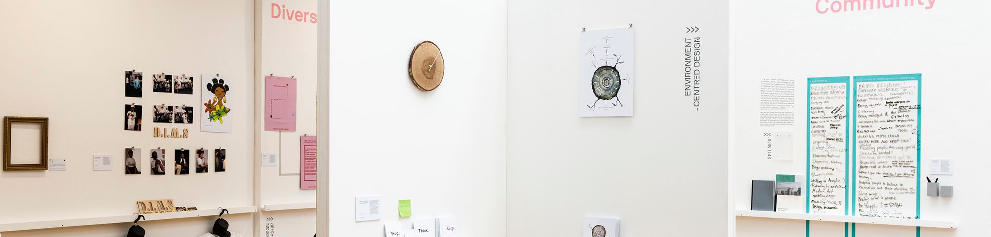 A photograph of an exhibition of small displayed items.