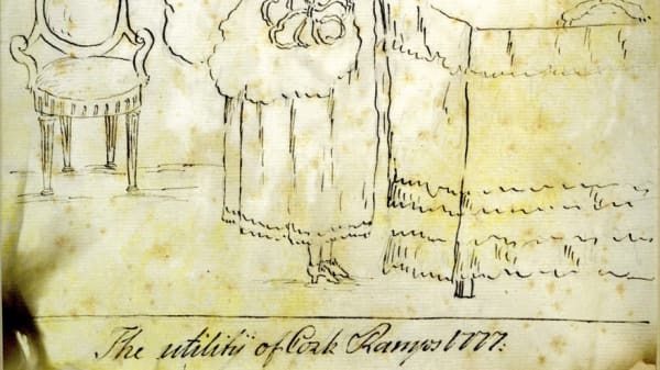 Object of the week: 'The Utility of Cork Ramps 1777' mounted pen and ink sketch of woman with elaborate hairstyle with hairdresser standing on her bustle from the collection of Pegaret Anthony, https://t.co/cCJpJFG8DF
