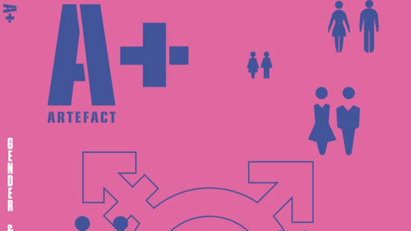 Cropped image from the front cover to Artefact Magazine. Pink background with images of men and women.