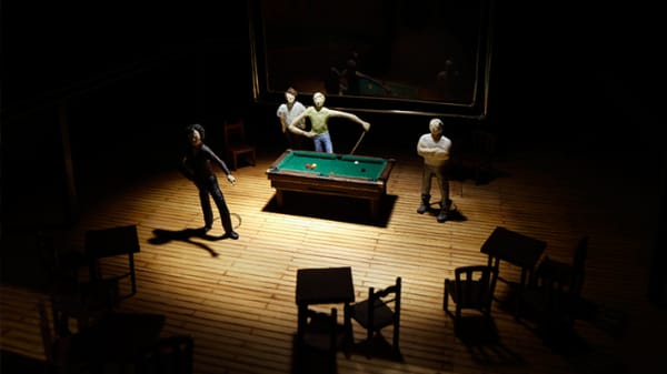 Photo of model figures standing around a snooker table with chairs around them