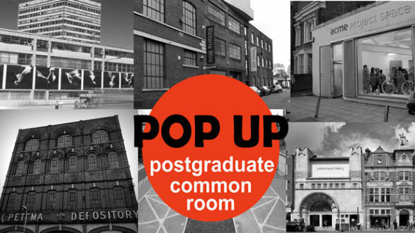 Black and white composite image of four photos of buildings with an orange cirle in the centre, with Pop Up Postgraduate Common Room written on it