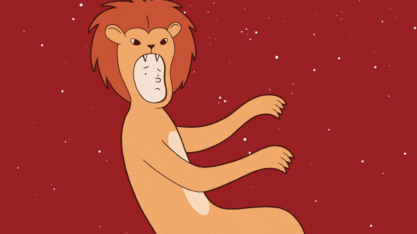 Illustration of boy dressed up as a lion in front of red background with stars scattered