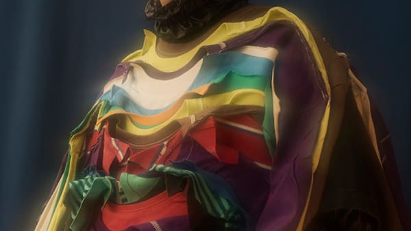 Detail of a garment which is made up of a number of tops overlapping