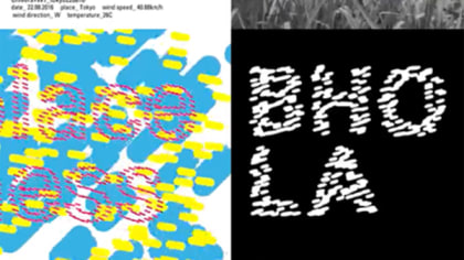 Image divided into four square that each show a separate image. In one is the letter 'A' on a white background, another shows a blue, yellow and pink graphic.