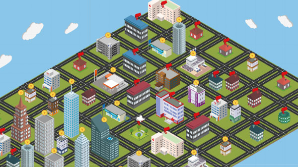 screenshot of game which is divided into squares with different buildings on them