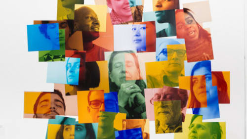 Digital collage of photographs of profiles. Decorative image.