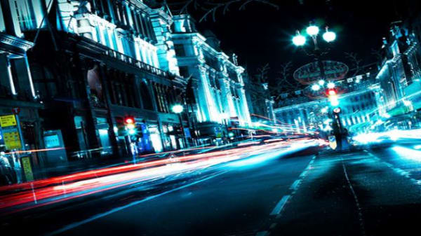 Blurred lights on a busy road at night
