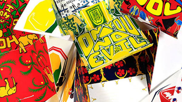 Collection of brightly coloured red and yellow graphics