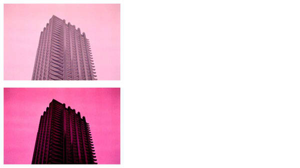 Two photos of the Barbican tower with pink filters