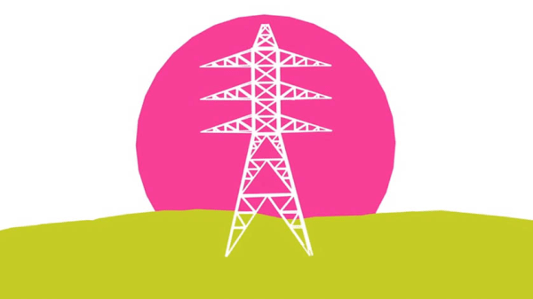 Infographic of a white electricity pylon on a green grass with pink sky.