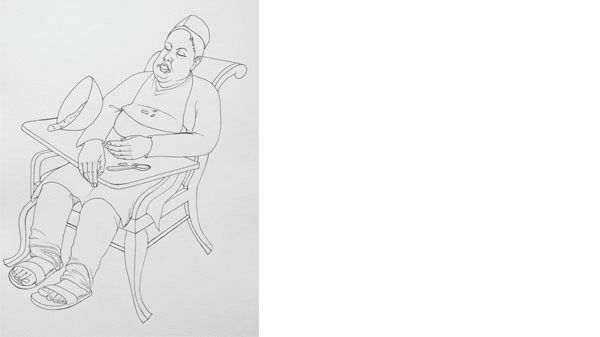 An illustration of a man asleep at a chair with split food