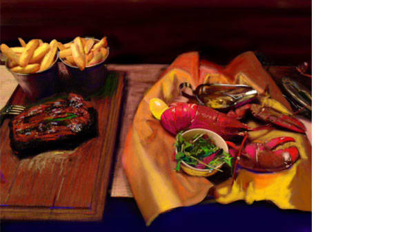 A painting of a plate of lobster and chips
