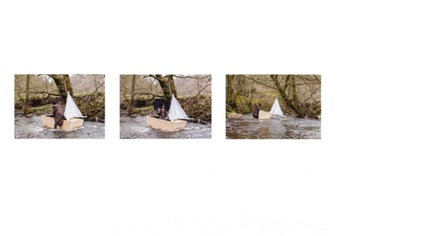 Three images of someone in a rudimentary wooden boat