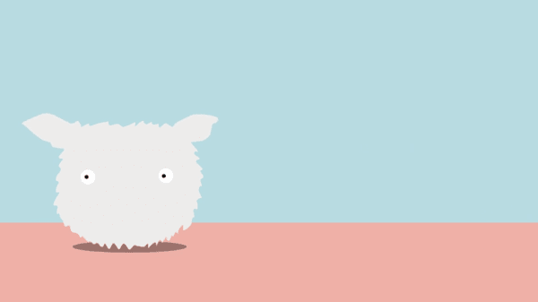 Animation of an 'eco furby': a white furry creature with eyes and animal ears, against a pink and blue background.