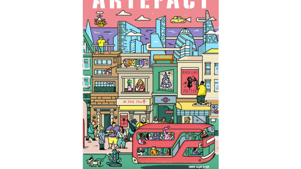 Colourful front cover of magazine featuring city scene.